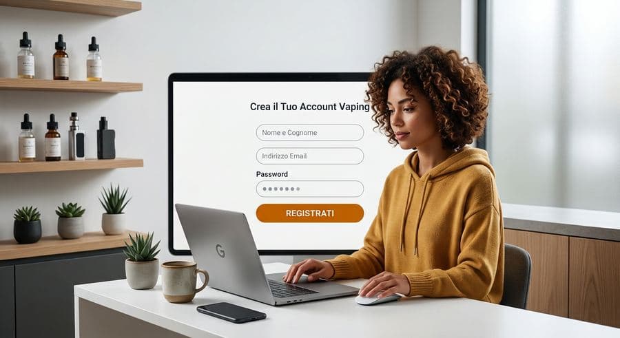 Cliente che crea il proprio account gratuito sul sito VapeShop da laptop
