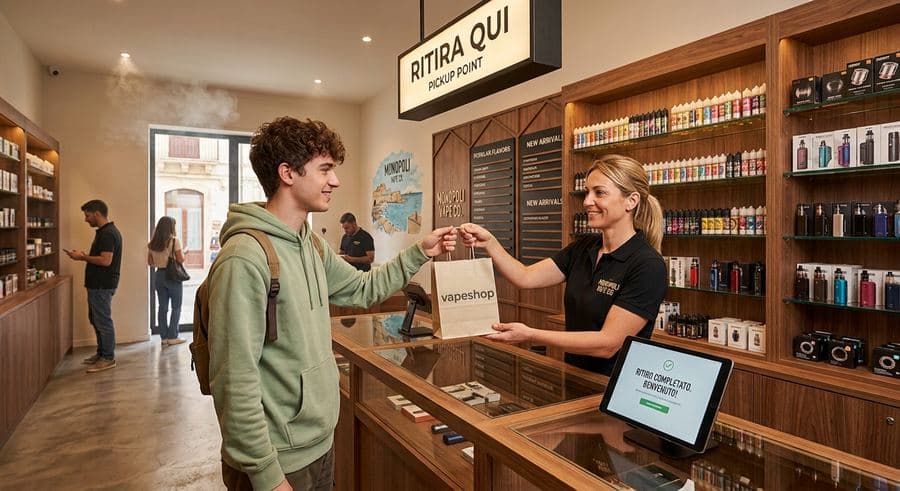 Cliente che ritira il prodotto prenotato alla cassa del negozio VapeShop