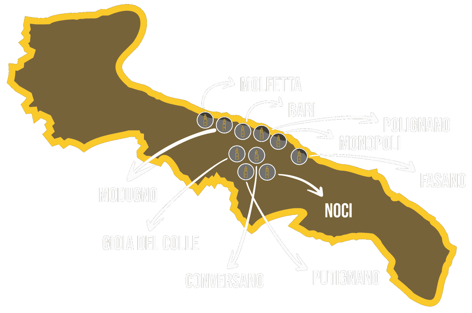 Mappa dei 10 negozi VapeShop in Puglia: Molfetta, Bari, Modugno, Gioia del Colle, Conversano, Putignano, Noci, Monopoli, Polignano, Fasano